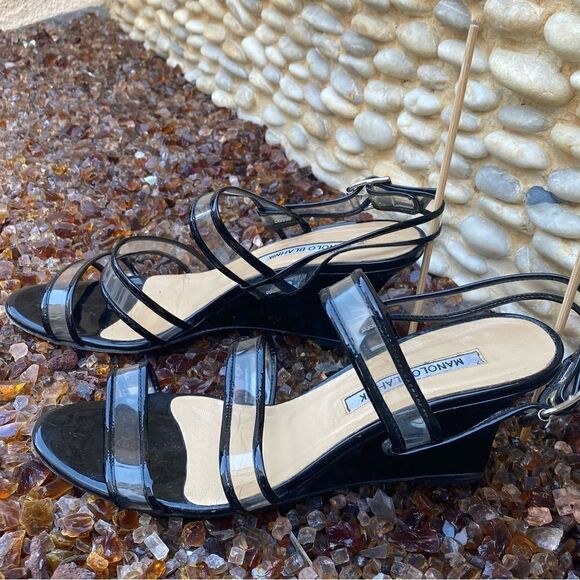 Manolo Blahnik Black & Clear Patent Leather Wedge Sandals. Size 7.5 (38). EUC! - Picture 3 of 6